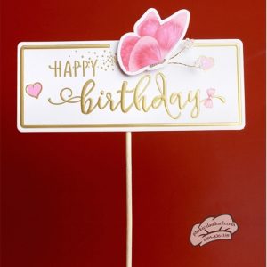 Topper giấy HPBD chữ nhật bướm hồng - Que