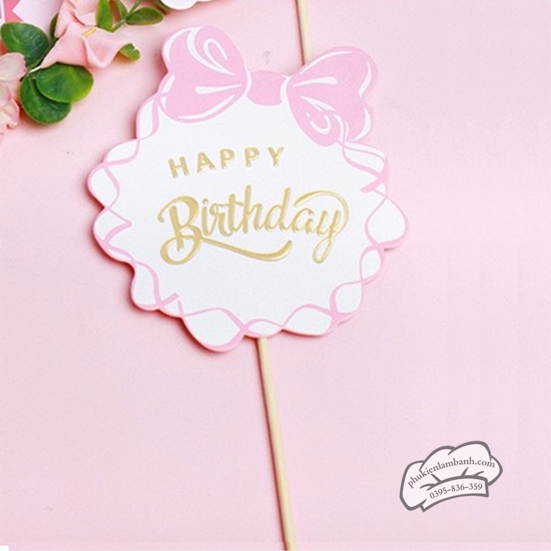 Topper giấy HPBD nơ hồng - Que
