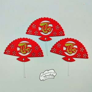 Quạt đỏ chữ thọ 3 cành - Set