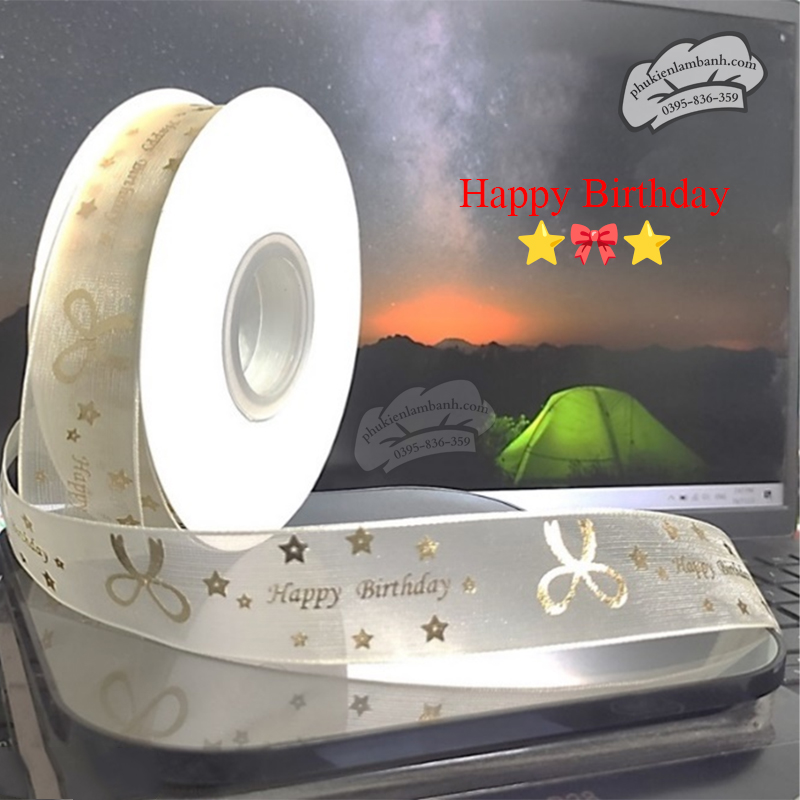 Ruy băng voan HPBD họa tiết NƠ nhũ vàng 2.6cm x 10m - Cuộn