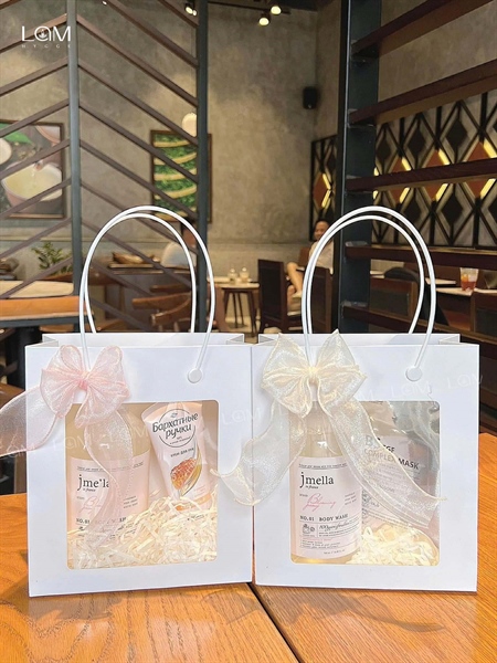 Túi giấy đựng quà trắng 25x20x10 cm To dây lụa hồng - Cái - Ảnh 2