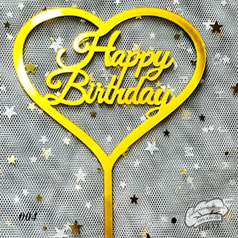 Thẻ cắm mica 10 cái HPBD tim to vàng - Gói