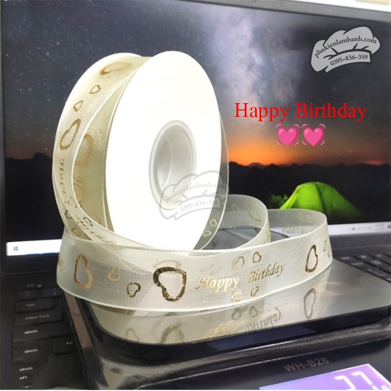 Ruy băng voan HPBD họa tiết tim nhũ vàng 2.6cm x 10m - Cuộn