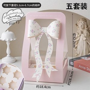 Hộp cupcake mica 4 lỗ Hồng Nơ - 5 Cái
