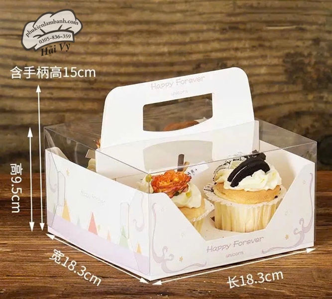 Hộp cupcake mica 4 lỗ Quai xách - 5 Cái - Ảnh 2