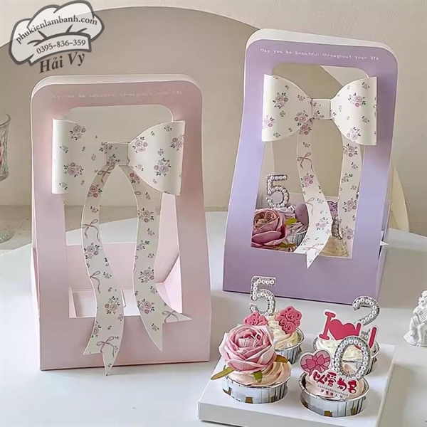 Hộp cupcake mica 4 lỗ Tím Nơ - 5 Cái - Ảnh 4