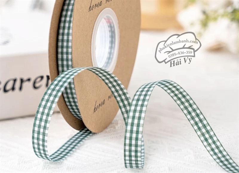 1cm x 45M Ruy băng Caro Xanh rêu - Cuộn