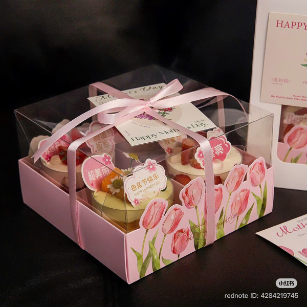 Hộp cupcake mica đế giấy 4 Ngăn Tuylip - 5 Cái