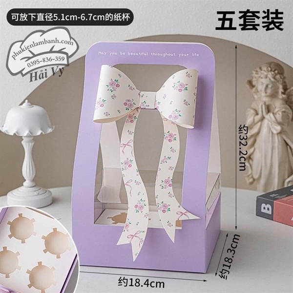 Hộp cupcake mica 4 lỗ Tím Nơ - 5 Cái