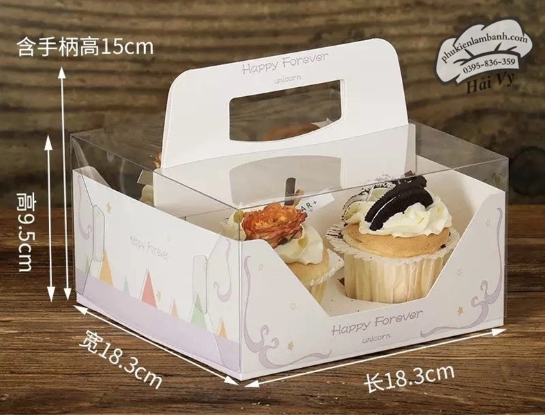 Hộp cupcake mica 4 lỗ Quai xách - 5 Cái
